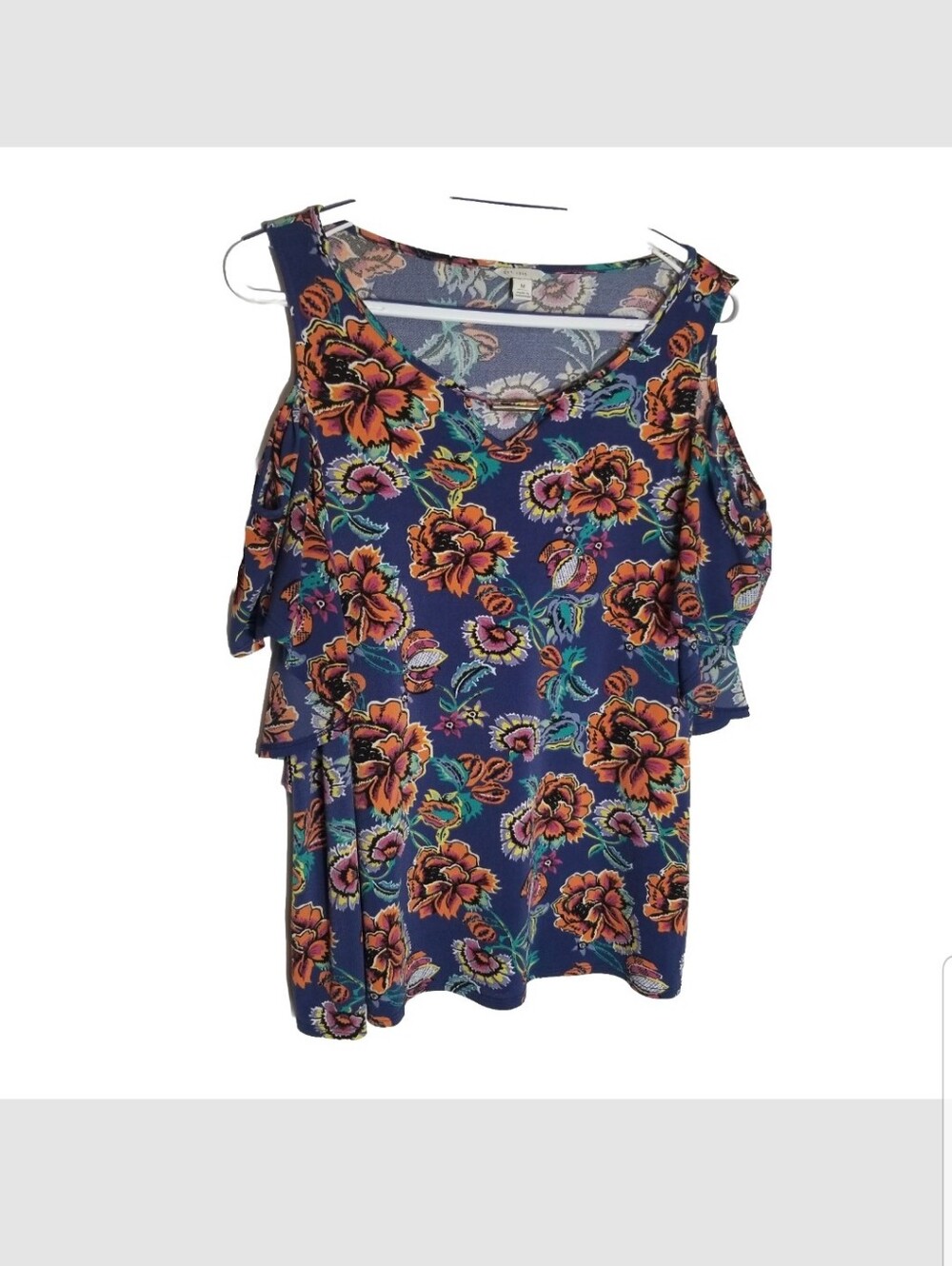 Cato Cold Shoulder Top Women’s Size Medium Blue Orange Purple Green Floral